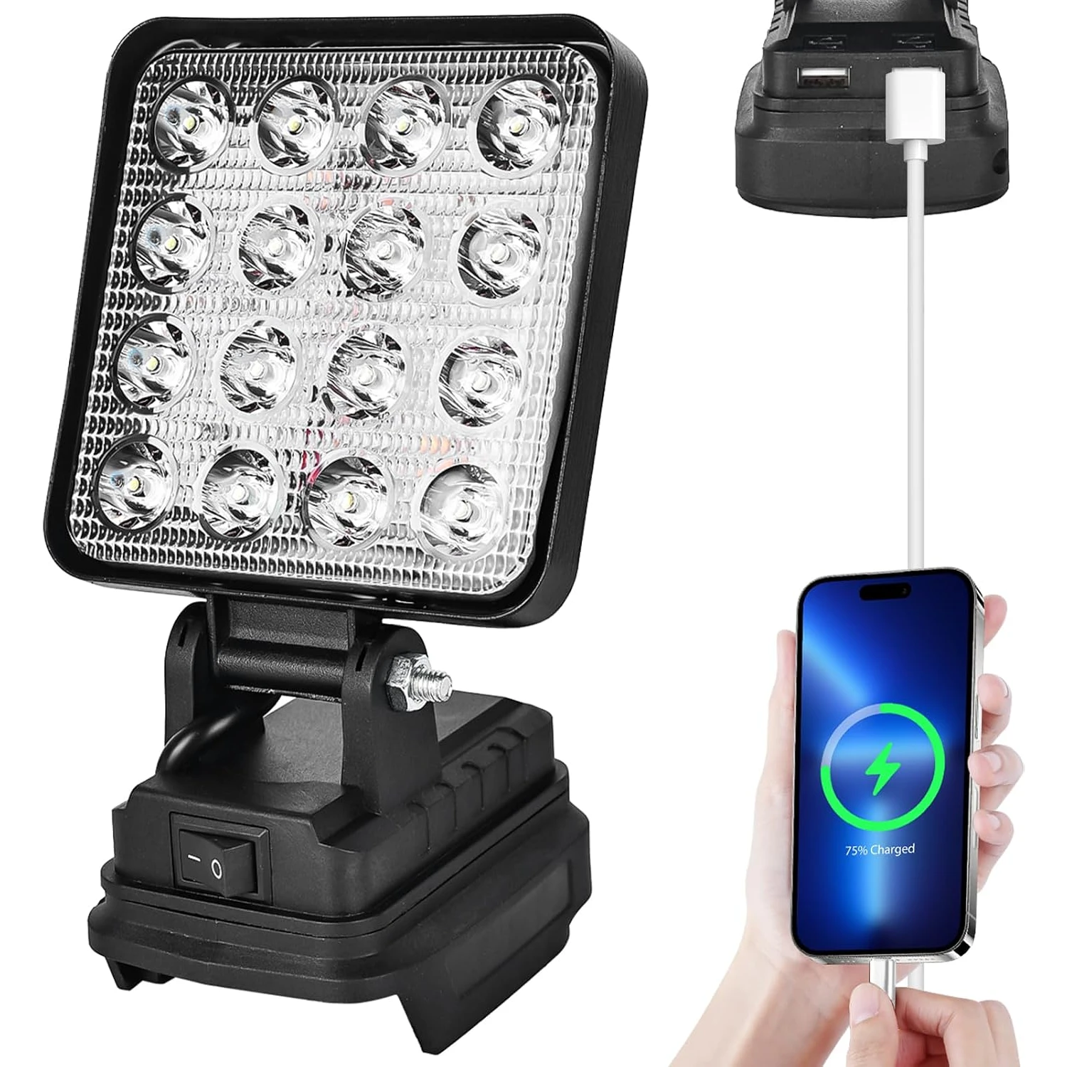 Reflektor s kabelem USB zapojeným do svého výstupu nabíjí telefon, který někdo drží v ruce